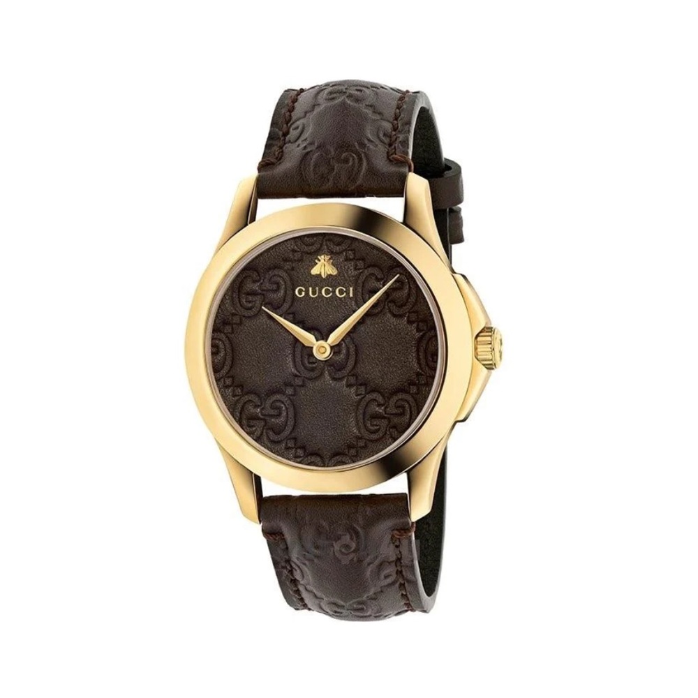 Gucci Statement Piece Gold Bezel and Black Leather Strap